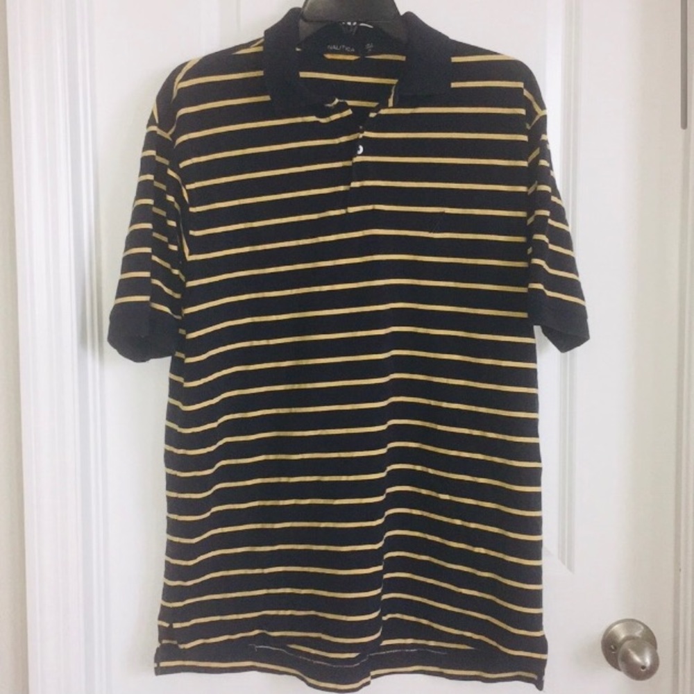 Nautica men’s black yellow striped polo Tshirt size medium